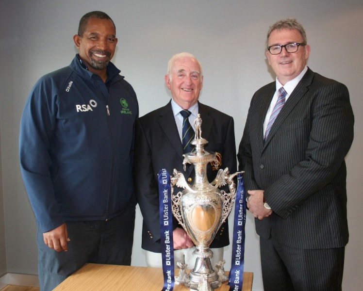 President of the Northern Cricket Union, Billy Boyd, at the draw for the quarter finals of the Ulster Bank Senior Challenge Cup which was made by Ireland’s national coach Phil Simmons and Stephen Cruise of Ulster Bank. © John Boomer